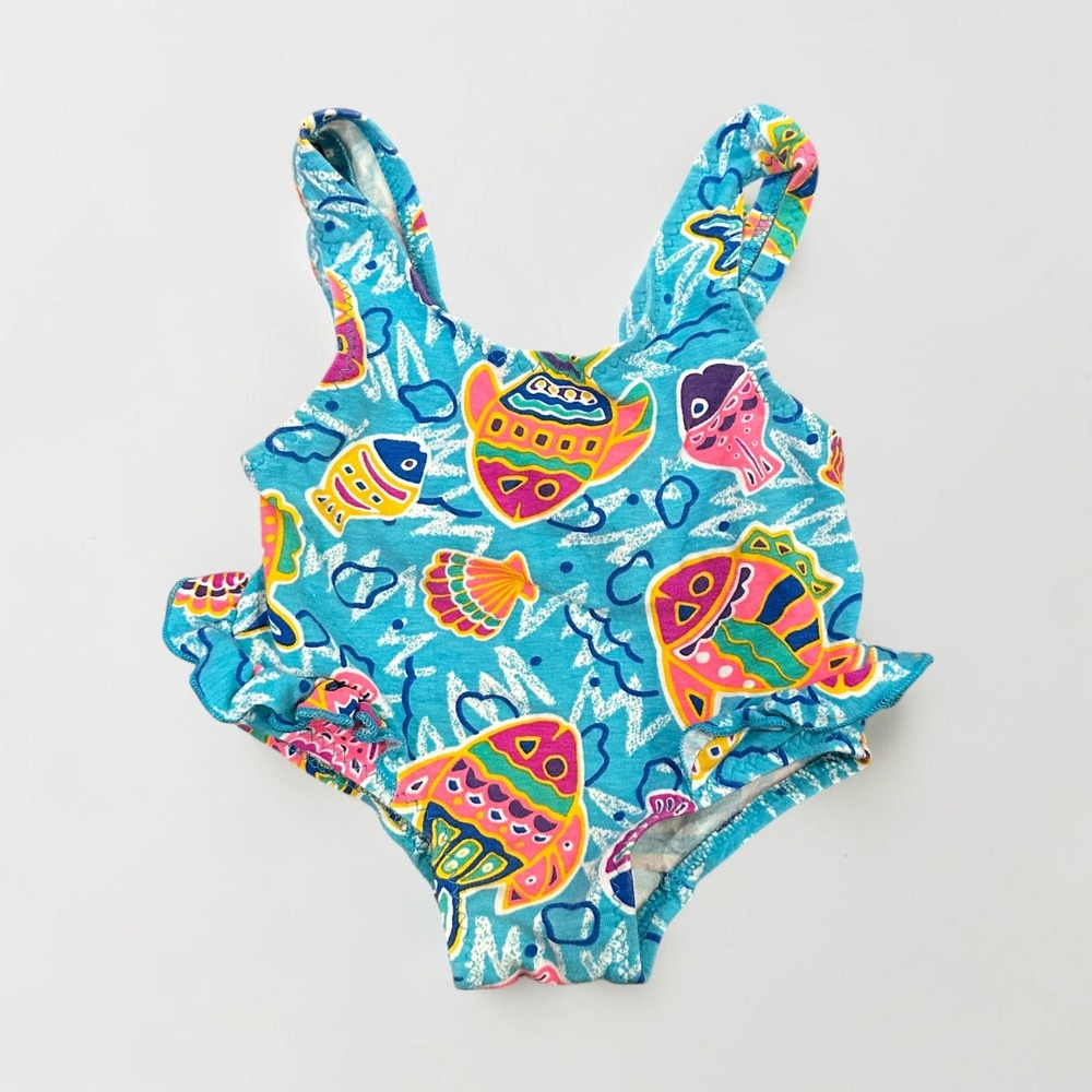 VTG Cole of California Tropical Fish Ruffle One Piece Swimsuit 18M‎ Baby Blue